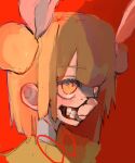  1girl blonde_hair closed_mouth cracked_skin cropped_shoulders disfigured double_bun exposed_muscle from_side guro hair_bun hair_ribbon haniwa_kue injury joutouguu_mayumi looking_ahead medium_hair portrait red_background ribbon solo teeth touhou white_ribbon yellow_eyes 