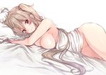  bed_sheet black_ribbon blush breasts brown_hair check_commentary closed_mouth commentary commentary_request eyebrows_visible_through_hair hair_ribbon kantai_collection large_breasts long_hair looking_at_viewer lying murasame_(kantai_collection) naked_sheet on_side pillow red_eyes ribbon simple_background smile solo very_long_hair white_background wide_sleeves yukishiro_arute 