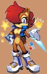 anthro archie_comics blade blue_eyes boots brown_body brown_fur brown_muzzle chipmunk clothing device female footwear fur gloves ground_squirrel hair handheld handwear hi_res mammal multicolored_body multicolored_fur one_eye_visible red_body red_fur red_hair rodent sally_acorn sanikink sciurid sega solo sonic_the_hedgehog_(archie) sonic_the_hedgehog_(comics) sonic_the_hedgehog_(series) tail topwear tree_squirrel two_tone_body two_tone_fur vest weapon