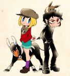  2boys arms_behind_back black_hair blonde_hair blue_eyes bow bowtie chiyo_(shuten_dj) crossover damien_thorn eevee fang fang_out frown full_body hands_in_pockets hat highres holding holding_poke_ball houndoom jacket loafers long_sleeves looking_at_another looking_to_the_side looking_up male_focus medium_hair multiple_boys on_head pants phillip_pirrup pointy_ears poke_ball pokemon pokemon_(creature) pokemon_on_head red_eyes ringed_eyes shoes short_hair shorts smile socks south_park v-shaped_eyebrows 