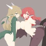  1boy 2girls animal_ears big_o_pants bird_ears bird_legs bird_tail black_feathers black_wings blonde_hair breasts brown_background commentary_request dragon_girl dragon_tail dragon_wings emilia_(big_o_pants) feathers fio-chan_(big_o_pants) green_eyes green_scales hair_over_one_eye harpy hetero highres horns large_breasts long_hair mini_wings monster_girl multiple_girls open_mouth original red_eyes red_hair sex sex_from_behind simple_background sweat tail winged_arms wings 