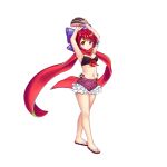  1girl alternate_costume baseball_mitt bikini bikini_under_shorts black_bikini bow breasts cleavage closed_mouth contrapposto full_body game_cg hair_bow highres looking_at_viewer medium_breasts purple_bow red_eyes red_hair red_scarf rotte_(1109) sandals scarf sekibanki sekibanki_(dullahan_on_the_beach) short_hair simple_background solo swimsuit third-party_source touhou touhou_lostword v-shaped_eyebrows white_background 