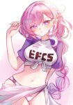  1girl artist_name bikini breasts buruma chiyori08 clothes_writing elf elysia_(herrscher_of_human:ego)_(honkai_impact) elysia_(honkai_impact) highres honkai_(series) honkai_impact_3rd long_braid long_hair looking_at_viewer low-braided_long_hair low-tied_long_hair midriff navel official_alternate_costume open_mouth pink_eyes pink_hair pink_nails pink_pupils pink_sarong pointy_ears shirt solo swimsuit teeth tied_shirt two-tone_background very_long_hair 