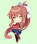  1girl ahoge black_thighhighs blazer blue_skirt bow bright_pupils brown_hair buttons chibi closed_mouth collared_shirt commentary doki_doki_literature_club english_commentary eyelashes full_body green_background green_eyes grey_jacket hair_bow hair_intakes heart heart_background holding holding_heart jacket layered_sleeves light_blush long_hair long_sleeves looking_at_viewer mary_janes miniskirt monika_(doki_doki_literature_club) neck_ribbon open_clothes open_jacket outline pink_footwear pleated_skirt ponytail red_ribbon ribbon satchely school_uniform shirt shoes simple_background skirt smile solo thighhighs valentine very_long_hair white_bow white_outline white_pupils white_shirt 