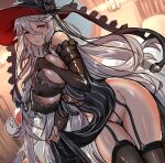  1girl bare_shoulders black_gloves black_panties black_thighhighs breasts covered_navel covered_nipples dress dutch_angle elbow_gloves female_pubic_hair gajimaro garter_straps gloves granblue_fantasy grey_hair hair_between_eyes hat highres long_hair looking_at_viewer magisa_(granblue_fantasy) panties pubic_hair pubic_hair_peek purple_eyes solo thighhighs underwear very_long_hair witch_hat 