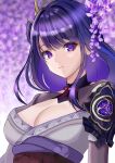  1girl armor blue_hair blurry blurry_background breasts cleavage eyeshadow fan_hair_ornament fang_you_lang_ling_zhe floral_print flower genshin_impact gold_trim hair_between_eyes hair_ornament hand_fan highres japanese_clothes kimono large_pectorals long_hair long_sleeves looking_at_viewer makeup mitsudomoe_(shape) mole mole_under_eye multicolored_hair neck_ribbon pectorals purple_eyes purple_flower purple_hair purple_kimono raiden_shogun red_eyeshadow red_ribbon red_sash ribbon sash shoulder_armor sidelocks smile solo standing streaked_hair teeth tomoe_(symbol) wide_sleeves wisteria 