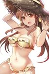  bikini cowboy_shot frilled_bikini frills hat long_hair looking_at_viewer navel open_mouth original simple_background smile solo straw_hat sun_hat suoni_(deeperocean) swimsuit white_background yellow_bikini 