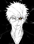  1boy 1girl absurdres black_kimono black_sclera bleach broken_glass close-up collarbone colored_sclera dual_persona eyebrows_hidden_by_hair frown glass gwao_(_ul_13) hair_between_eyes highres hollow_ichigo japanese_clothes kimono kurosaki_ichigo looking_at_viewer monochrome parted_lips partially_colored short_hair simple_background smile spiked_hair straight-on v-shaped_eyebrows yellow_eyes 