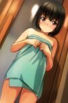  1girl black_hair blush bob_cut brown_eyes dutch_angle green_towel hands_on_own_chest highres indoors looking_at_viewer matsunaga_kouyou naked_towel nose_blush open_mouth original shiny_skin short_hair solo thighs towel wet 