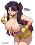  1girl alternate_breast_size artist_logo black_hair breasts bright_pupils collarbone commentary cowboy_shot donburi_(donburikazoku) earrings english_commentary english_text fanbox_username fate/grand_order fate_(series) fingerless_gloves gloves grey_vest hair_ribbon hand_up highres ishtar_(fate) jewelry large_breasts leaning_forward long_hair looking_at_viewer multicolored_hair navel nipples no_bra open_fly open_mouth parted_bangs patreon_logo patreon_username red_eyes red_hair ribbon short_shorts shorts simple_background smile solo space_ishtar_(fate) space_ishtar_(second_ascension)_(fate) teeth two-tone_hair two-tone_vest two_side_up upper_teeth_only very_long_hair vest web_address white_background white_pupils yellow_gloves yellow_shorts yellow_vest 