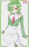  1girl artist_name clothing_cutout dress gardevoir green_hair hair_over_one_eye highres looking_at_viewer medium_hair personification pink_eyes pointy_ears pokemon pokemon_(creature) rhoarietis shoulder_cutout simple_background white_dress 
