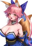  1girl :d absurdres animal_ear_fluff animal_ears arms_behind_back breasts choker cleavage detached_sleeves fate/extra fate/grand_order fate_(series) fox_ears fox_tail hair_ribbon highres japanese_clothes kamehito pink_hair ribbon smile tail tamamo_(fate) tamamo_no_mae_(fate/extra) twintails white_choker yellow_eyes 