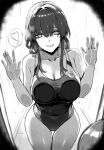  1girl 1other absurdres bare_arms bare_shoulders collarbone covered_navel cowboy_shot greyscale grin hair_between_eyes heart highres honkai:_star_rail honkai_(series) kafka_(honkai:_star_rail) long_hair looking_at_viewer masoq monochrome one-piece_swimsuit smile standing swimsuit thighs 