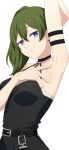  1girl absurdres arm_strap arm_up armpits black_choker black_dress camui1104 choker commentary_request dress expressionless eyelashes green_hair highres long_hair looking_at_viewer o-ring o-ring_choker pleated_dress purple_eyes side_ponytail simple_background solo sousou_no_frieren standing ubel_(sousou_no_frieren) upper_body white_background 