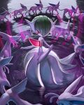  artist_name biting_another&#039;s_tail bob_cut colored_skin dress elbow_gloves espeon forehead_jewel gardevoir gloves green_hair highres mcgmark mega_gardevoir mega_pokemon pink_eyes pokemon pokemon_(creature) purple_eyes purple_fur ripples tail white_dress white_gloves white_skin 