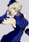  1girl armpits bare_shoulders blue_dress blue_gloves blue_hat blunt_bangs breasts commentary dress elizabeth_(persona) gloves grey_background grey_hair hand_up hat high_collar highres looking_at_viewer medium_breasts mini_hat open_hand open_mouth persona persona_3 s-m-53413 short_hair sleeveless sleeveless_dress solo upper_body yellow_eyes 