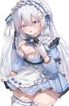  1girl apron blue_dress blue_eyes blush breasts cleavage dress eip_(pepai) gloves hair_between_eyes highres long_hair looking_at_viewer maid_headdress medium_breasts open_mouth original simple_background solo thighhighs white_apron white_background white_gloves white_hair white_thighhighs 