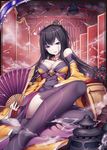  akkijin card_(medium) chinese_clothes fan flower hair_flower hair_ornament incense long_hair looking_at_viewer official_art purple_eyes purple_hair shinkai_no_valkyrie sitting smile solo thighhighs 