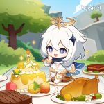  1girl absurdres blue_sky blurry blurry_background bright_pupils cake candle chibi chicken-mushroom_skewer_(genshin_impact) chicken_(food) commentary copyright_name day dot_nose english_commentary floating flower food fruit genshin_impact green_pepper hair_between_eyes hair_ornament halo highres lemon long_sleeves meat mushroom official_art open_mouth outdoors paimon_(genshin_impact) peas plate purple_eyes skewer sky solo sparkle steak sweet_madame_(genshin_impact) tree white_flower white_footwear white_hair white_pupils 