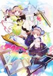  atelier_(series) atelier_lydie_&amp;_suelle blush boots bow castle fingerless_gloves full_body gloves gun hair_ornament hairband hat long_hair lydie_marlen multicolored_hair multiple_girls official_art open_mouth pink_eyes pink_hair ponytail purple_hair siblings simple_background sparkle staff suelle_marlen thighhighs twins two-tone_hair weapon yuugen 