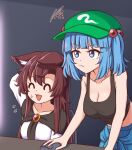  2girls :d ^_^ animal_ears bare_arms bare_shoulders black_tank_top blue_eyes blue_hair breasts brooch brown_hair cleavage closed_eyes crop_top dress green_hat hair_bobbles hair_ornament hat imaizumi_kagerou jewelry kawashiro_nitori large_breasts midriff multiple_girls open_mouth short_hair smile tank_top touhou two_side_up upper_body white_dress wolf_ears wool_(miwol) 