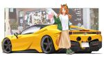  1girl :d absurdres alternate_costume animal_ears aqua_eyes arm_at_side beret blurry blurry_background breasts car casual coat commentary_request curtained_hair dot_nose ferrari ferrari_sf90_stradale floating_hair full_body green_coat green_footwear hair_between_eyes hair_tie hand_up hat highres horse_ears horse_girl horse_tail logo long_hair long_skirt long_sleeves looking_at_viewer low-tied_long_hair medium_breasts medium_eyebrows mejiro_palmer_(umamusume) mixed-language_commentary motor_vehicle no_legwear off_shoulder open_mouth orange_fur orange_hair orange_tail outdoors outside_border shirt shoelaces shoes short_sleeves side-view_mirror silenxe skirt smile sneakers solo sports_car standing t-shirt tail toes_up umamusume waving wavy_hair white_shirt yellow_car yellow_skirt 