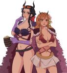  2girls armor bikini black_hair black_horns blue_eyes cape commentary cowboy_shot crossed_arms cup eyewear_on_head fake_horns fur_cape gloves hair_ornament hair_ribbon highres holding holding_cup horns looking_at_viewer multiple_girls nami_(one_piece) nico_robin o-ring one_piece orange_eyes orange_hair ponytail purple_cape purple_gloves red_ribbon ribbon shmalloe shoulder_armor sidelocks skirt smile swimsuit symbol-only_commentary 