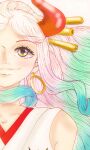  1girl blue_hair close-up earrings green_hair hair_ornament hashtag-only_commentary highres horns japanese_clothes jewelry kiakawatsuji kimono looking_up multicolored_hair one_piece orange_eyes ponytail red_horns sidelocks sleeveless sleeveless_kimono smile solo twitter_username white_background white_hair white_kimono yamato_(one_piece) yellow_eyes 