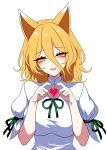 1girl absurdres animal_ears blonde_hair blush cel_shading commentary_request eyes_visible_through_hair fingernails fox_ears fox_girl green_ribbon hair_between_eyes half-closed_eyes hands_up head_tilt heart heart_hands highres kudamaki_tsukasa long_bangs looking_at_viewer medium_hair neck_ribbon open_mouth own_hands_together puffy_short_sleeves puffy_sleeves ribbon romper short_sleeves simple_background sleeve_garter smile solo ssaf52913778 touhou upper_body white_background white_romper yellow_eyes 