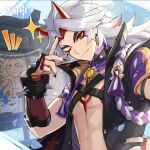  1boy ;) absurdres arataki_itto black_coat black_nails coat genshin_impact hand_up highres horns long_hair looking_at_viewer male_focus nail_polish one_eye_closed open_clothes open_coat red_eyes short_sleeves smile solo sparkle stomach upper_body white_hair 