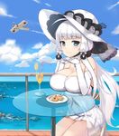  aircraft airplane azur_lane bare_shoulders blue_eyes blush breast_rest breasts chair closed_mouth cup drinking_glass drinking_straw elbow_gloves eyebrows_visible_through_hair food fork fruit gloves hat highres huge_breasts illustrious_(azur_lane) long_hair looking_at_viewer mole mole_under_eye plate railing see-through see-through_silhouette shou_jian_yu sitting smile solo strawberry table transparent waffle white_gloves white_hair white_hat 