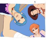  1boy 2girls ? arm_tattoo bare_shoulders bead_necklace beads black_eyes black_hair blue_eyes blue_hair blue_sky commentary dr000mi freckles hat highres jewelry long_hair multiple_girls nami_(one_piece) necklace nefertari_vivi official_alternate_costume one_piece orange_eyes orange_hair outdoors portgas_d._ace short_hair sky tattoo topless_male 