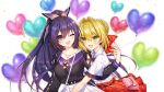  2girls :d ;d bag balloon belt black_belt black_shirt blonde_hair blush bow braid breasts collarbone collared_shirt commission date_a_live fate/extra fate_(series) french_braid green_eyes hair_bow hair_intakes heart heart_balloon highres jewelry large_breasts multiple_girls munlu_(wolupus) necklace nero_claudius_(fate) one_eye_closed open_mouth pleated_skirt ponytail purple_eyes purple_hair red_skirt shirt short_sleeves shoulder_bag skeb_commission skirt smile white_shirt white_skirt yatogami_tooka 