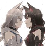  2girls absurdres ahoge animal_ear_fluff animal_ears bare_shoulders black_hair black_sailor_collar blue_eyes blue_ribbon braid breasts closed_mouth commentary detached_sleeves dual_persona eye_contact face-to-face fox_ears fox_girl from_side grey_hair grin hair_between_eyes highres hololive kohiiro kurokami_fubuki long_hair looking_at_another making-of_available medium_breasts multiple_girls parted_lips profile red_eyes red_ribbon ribbon sailor_collar shirakami_fubuki side_braid smile staring staring_contest upper_body virtual_youtuber white_background white_sailor_collar 