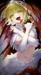  1girl absurdres blonde_hair blood blood_on_face blood_on_hands bloody_wings blush body_fur breasts chimera commentary_request dungeon_meshi falin_touden falin_touden_(chimera) fangs feathered_wings feathers head_tilt highres large_breasts large_wings looking_at_viewer monster_girl navel open_mouth pb_q short_hair solo spoilers talons teeth tongue white_feathers white_fur wings x_arms yellow_eyes 