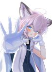  1girl animal_ears arknights blue_eyes blush fox_ears genjaku gloves hand_on_own_face highres looking_at_viewer short_hair simple_background sussurro_(arknights) white_gloves 