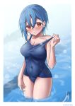  1girl absurdres artist_name blue_hair blue_one-piece_swimsuit blush border breasts cleavage clothes_pull collarbone commentary_request covered_navel earrings hair_between_eyes highres jewelry looking_at_viewer love_live! love_live!_superstar!! medium_breasts one-piece_swimsuit one-piece_swimsuit_pull orange_eyes outdoors partially_submerged pool rikka006 school_swimsuit short_hair solo standing stud_earrings swimsuit upper_body variant_set wading wakana_shiki water wet wet_clothes wet_hair wet_swimsuit white_border 