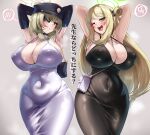  2girls arms_behind_head arms_up black_dress blonde_hair blue_archive blush breasts covered_nipples curvy dress green_eyes halo hat highres huge_breasts long_hair looking_at_viewer multiple_girls nonomi_(blue_archive) one_eye_closed open_mouth short_hair suou_(blue_archive) tonokawa white_dress wide_hips 