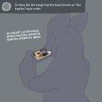  1:1 2024 ambiguous_gender anthro big_ears black_body black_ears black_fur dimitry_(itisd) dimka_(itisd) ears_up electronics english_text fur grey_background hi_res holding_object holding_phone itisd9 japanese_text looking_at_object looking_at_phone male_(lore) nude phone q&amp;a rear_view simple_background smile solo text watching_video 
