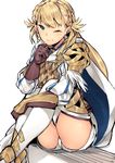  armor blonde_hair blush braid cape fire_emblem fire_emblem_heroes gebyy-terar gloves green_eyes highres long_hair looking_at_viewer sharena simple_background smile solo thighhighs white_background 