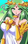  1girl ? ?? ancient_greek_clothes anru_(a-alsace-a) armlet bare_shoulders breasts chain chiton circlet diadem forehead_jewel gold_chain greco-roman_clothes green_eyes green_hair highres jewelry kid_icarus kid_icarus_uprising large_breasts long_hair neck_ring palutena parted_bangs pendant solo tiara upper_body vambraces very_long_hair 
