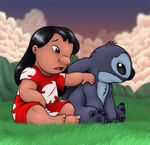  2004 4_toes 5_fingers alien barefoot black_hair blue_eyes blue_fur blue_nose brown_eyes chest_tuft clothed clothing concerned digital_drawing_(artwork) digital_media_(artwork) disney duo ears_down experiment_(species) field fur hair hand_on_shoulder head_tuft human lilo_and_stitch lilo_pelekai low_res mammal mountain muumuu raised_inner_eyebrows ribera sad signature sitting sky stitch toes tuft 
