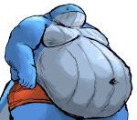  2022 anthro belly belly_overhang big_belly blue_body bottomwear cetacean clothed clothing comerboy75 hi_res looking_at_viewer male mammal marine navel obese obese_anthro obese_male overweight overweight_anthro overweight_male shorts shorts_only simple_background solo topless whale 