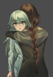  2girls black_jacket blue_shirt braid brown_eyes brown_hair closed_mouth eyepatch female_commander_(girls&#039;_frontline) girls&#039;_frontline green_hair grey_background hug jacket long_hair long_sleeves looking_at_viewer m16a1_(girls&#039;_frontline) mole mole_under_eye multicolored_hair multiple_girls scar shirt simple_background smile xanax025 yellow_eyes yellow_shirt 