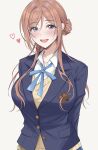  1girl amyu_(amm_asl_pa) blazer blue_eyes blue_jacket blue_ribbon blush breasts brown_hair gakuen_idolmaster hair_bun hatsuboshi_gakuen_school_uniform heart highres himesaki_rinami idolmaster jacket large_breasts long_hair looking_at_viewer neck_ribbon ribbon school_uniform shirt simple_background single_side_bun smile solo sweater upper_body white_background white_shirt yellow_sweater 