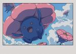  :d blue_skin border cloud cloudy_sky colored_skin flower highres jumping no_humans onamuzi_illust open_mouth outdoors plant pokemon pokemon_(creature) red_eyes sky smile vileplume 
