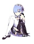  black_footwear blue_eyes blue_hair breasts cleavage detached_sleeves flower full_body garter_straps hair_flower hair_ornament hair_over_one_eye hair_ribbon head_wreath leg_hug maid mary_janes medium_breasts purple_ribbon re:zero_kara_hajimeru_isekai_seikatsu rem_(re:zero) ribbon ribbon-trimmed_sleeves ribbon_trim shoes short_hair simple_background sitting solo tazaki_hayato thighhighs white_background white_flower white_legwear 