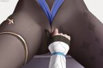  2girls ass_visible_through_thighs blue_leotard bodystocking commentary_request detached_sleeves genshin_impact hand_on_another&#039;s_crotch highres leotard lower_body lumine_(genshin_impact) mona_(genshin_impact) multiple_girls out_of_frame thighlet thighs yuri z282g 
