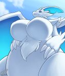  absurd_res anthro big_breasts breasts claws coolryong dragon featureless_breasts female fur furred_dragon furred_scalie hi_res huge_breasts mythological_creature mythological_scalie mythology nude pal_(species) palworld pocketpair quivern scalie smile solo white_body winged_dragon wings 