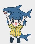  1girl :d absurdres arms_up black_eyes black_thighhighs blue_hair blush_stickers collared_shirt deformed ear_piercing fins fish_tail full_body highres holding holding_stuffed_toy ikea_shark logo_parody looking_at_viewer melonbread no_nose no_pants original piercing pinstripe_pattern pinstripe_shirt shark_tail sharp_teeth shirt short_hair short_sleeves simple_background smile solo stuffed_animal stuffed_shark stuffed_toy tail teeth thighhighs v-shaped_eyebrows white_background yellow_shirt zettai_ryouiki 